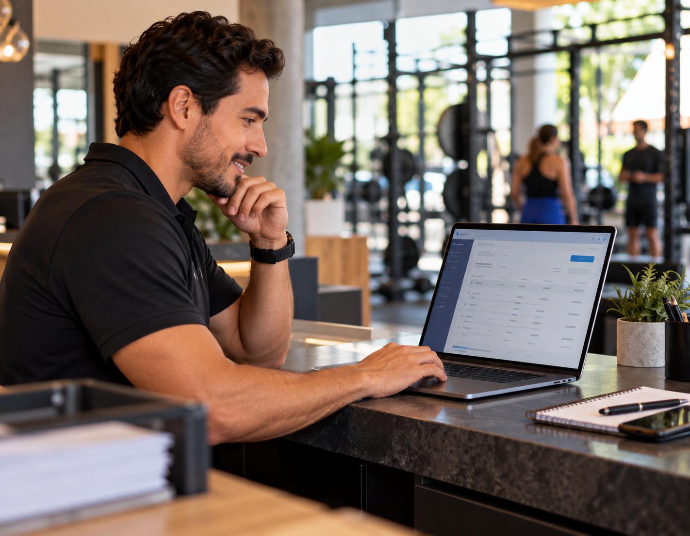 Administrador de gimnasio revisando facturas electrónicas